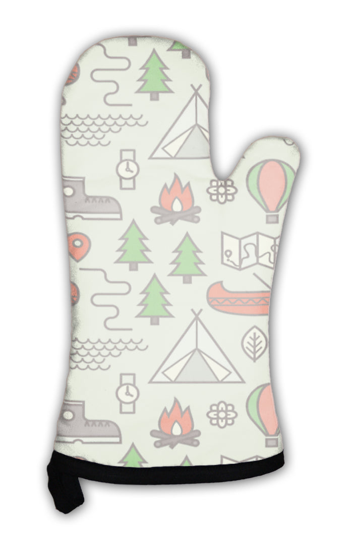 Oven Mitt, Pattern Of Camping Hiking And Sailing In Boats