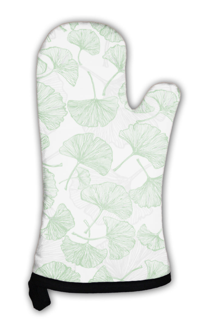 Oven Mitt, Green Floral With Ginkgo Leaves