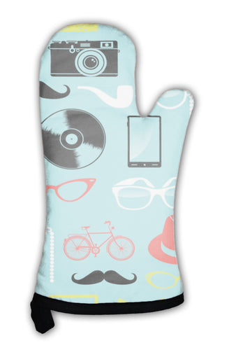 Oven Mitt, Colorful Retro Hipsters Icons Pattern