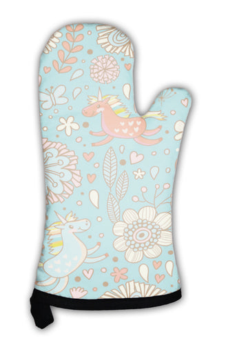 Oven Mitt, Cute Floral Pattern With Small Rainbow Unicorns