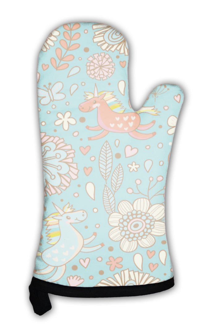 Oven Mitt, Cute Floral Pattern With Small Rainbow Unicorns