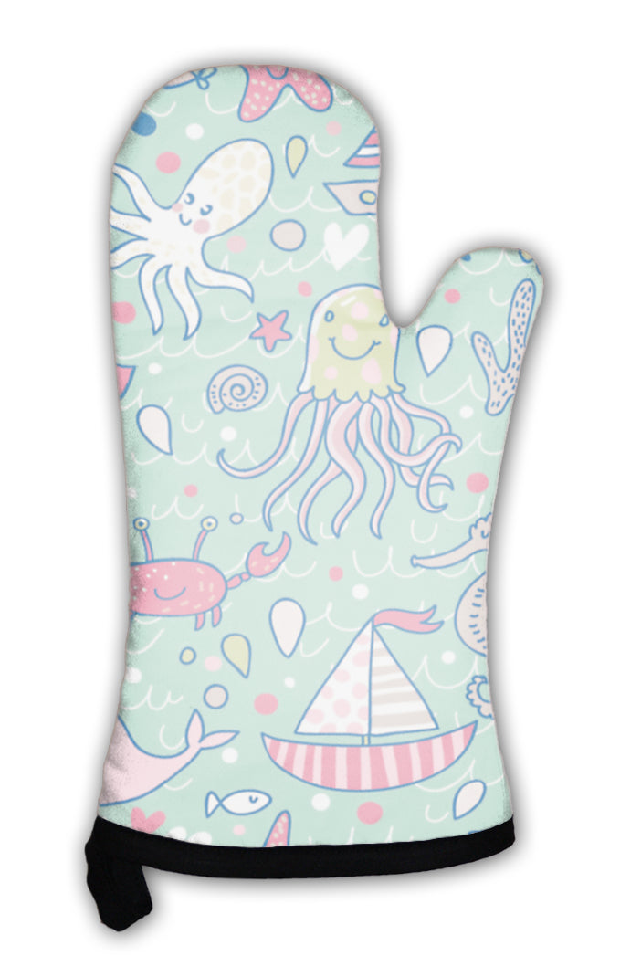 Oven Mitt, Marine Concept Pattern Seagull Whale Squid Octopus Boat Lighthouse And Other