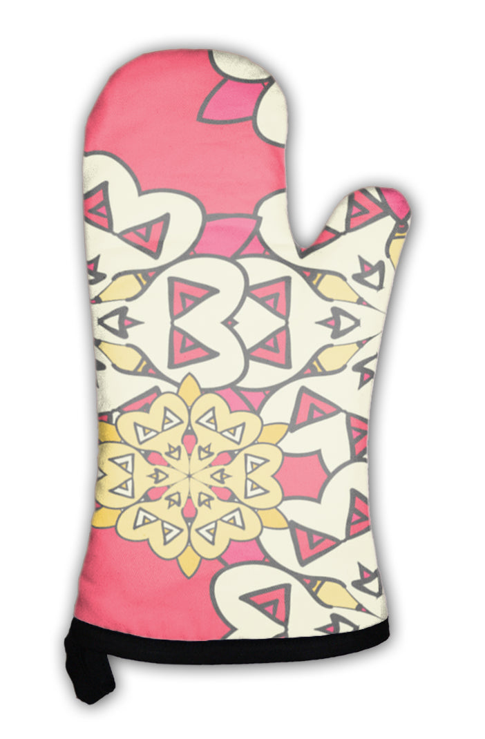 Oven Mitt, Colorful Mandala Wallpaper Endless Ornamental Backdrop Over Red Vintage