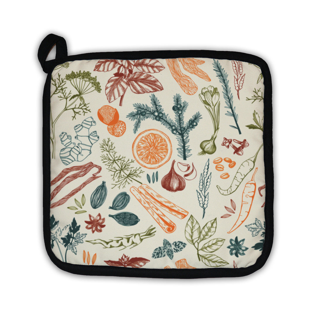 Potholder, Pattern With Hand Drawn Spices And Herbs