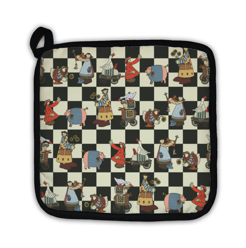 Potholder, Pattern With Illustrated Group Of Comical Animals And Inhabitants Of The Farm