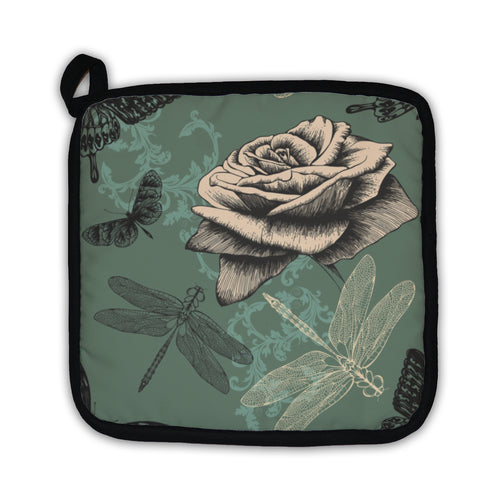 Potholder, Pattern With Rose Decorative Butterflies And Dragonflies Hand Dr
