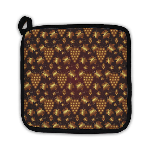 Potholder, Golden Pattern On Red With Grapes And Leaves