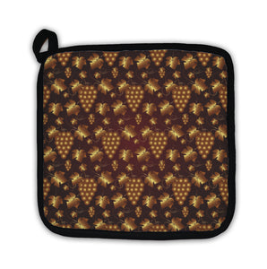 Potholder, Golden Pattern On Red With Grapes And Leaves