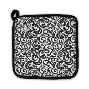 Potholder, Black And White Floral Pattern