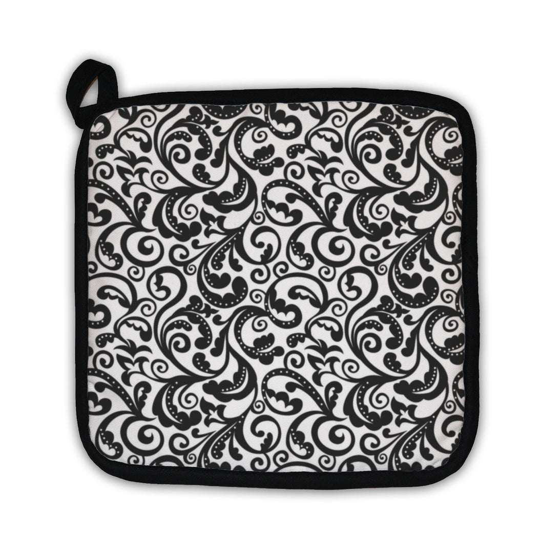 Potholder, Black And White Floral Pattern