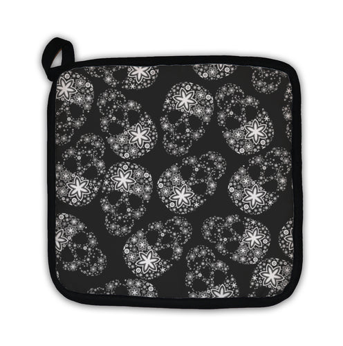 Potholder, White Skulls In Flowers On Black