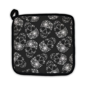 Potholder, White Skulls In Flowers On Black