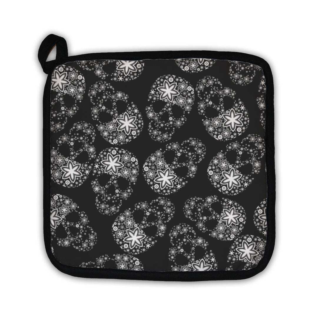 Potholder, White Skulls In Flowers On Black