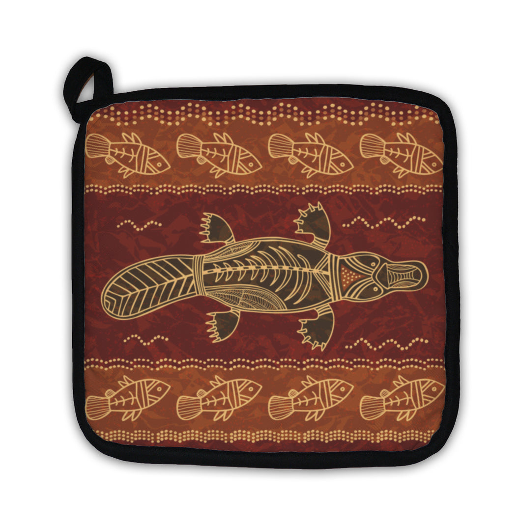 Potholder, Platypus And Fish Tribal Pattern