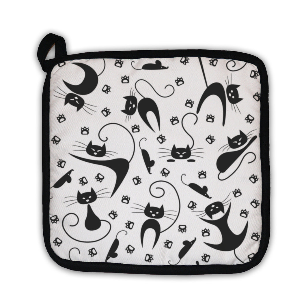 Potholder, Pattern With Black Cats Paw Prints And Mice