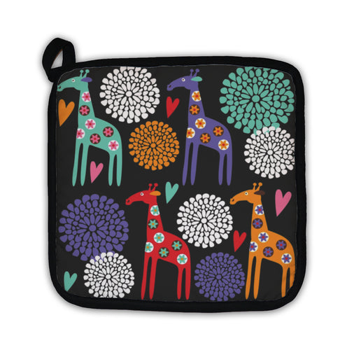 Potholder, Cute Colorful Giraffe Pattern With Flowers Illustration