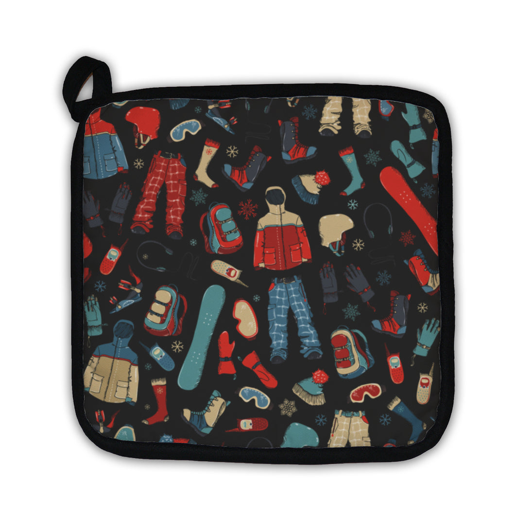 Potholder, Pattern Of Snowboard Gear On Black