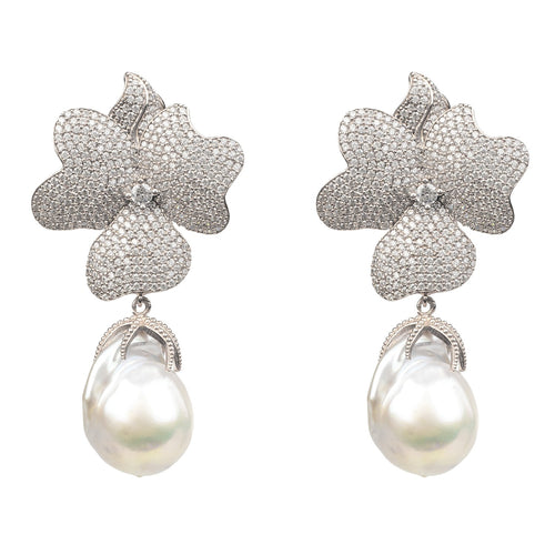 White Flower Baroque Pearl Drop Earring Silver