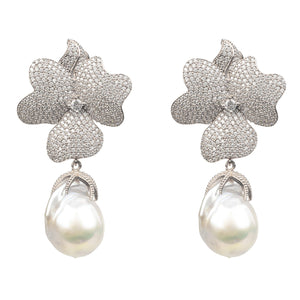 White Flower Baroque Pearl Drop Earring Silver