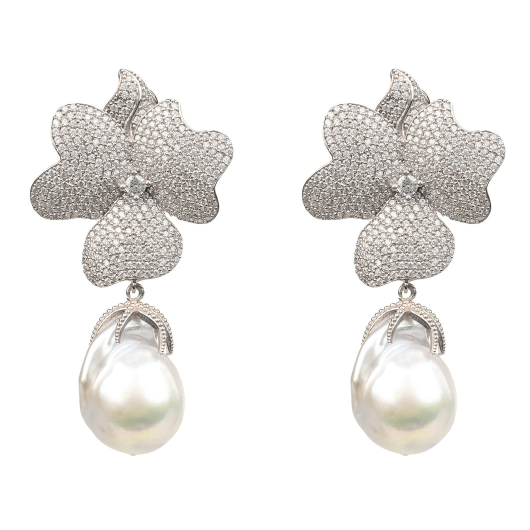 White Flower Baroque Pearl Drop Earring Silver