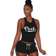 Load image into Gallery viewer, Casual PINK Letters 2 Piece Set Women Solid Printed O-Neck Short Sleeve Sexy Top Short Pants Bodycon Set Sportwear Dropship