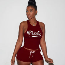 Load image into Gallery viewer, Casual PINK Letters 2 Piece Set Women Solid Printed O-Neck Short Sleeve Sexy Top Short Pants Bodycon Set Sportwear Dropship