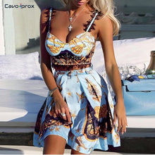 Load image into Gallery viewer, Women Two Piece Sets Lace Insert Print Cami Top &amp; Pleated Above Knee Mini Skirt Set Plunge V-neck Low Cut Backless Sexy Sets