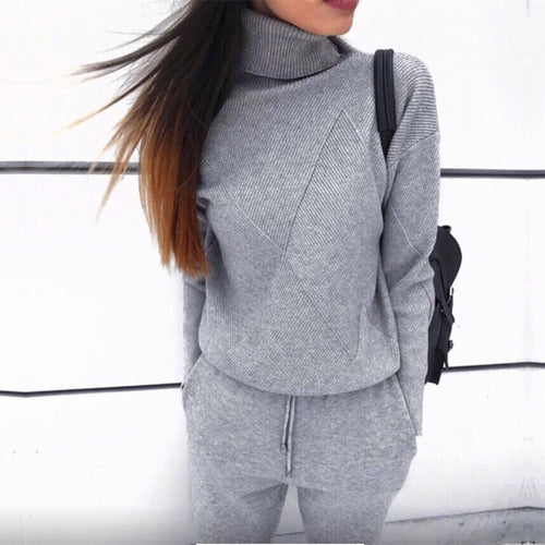 MVGIRLRU Woman Sweater Suits Casual  Knit Tracksuit Turtleneck Pullovers+pants Two Piece Sets Female Outfits