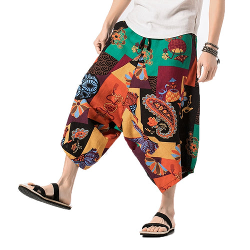 Hot sale 2019 Summer Linen Harem Pants Men Casual Hip Hop Trousers Drawstring Cross Bloomers Calf-Length Pants Joggers size 5XL