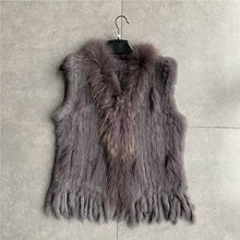 Load image into Gallery viewer, VR001 Free shipping womens natural real  rabbit fur vest  with raccoon fur collar  waistcoat/jackets rex rabbit knitted winter