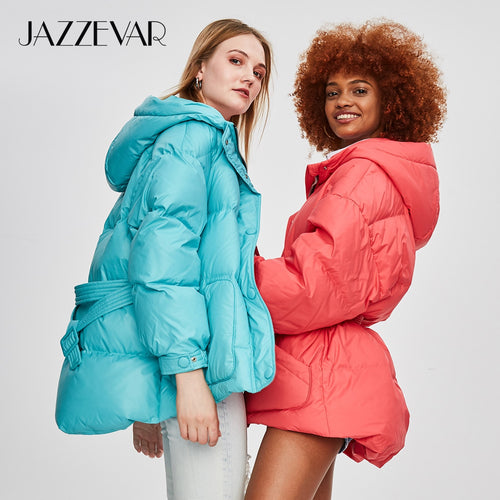 JAZZEVAR 2019 Winter New Fashion Street Designer Brand Womens White Duck Down Jacket Pretty Girls Outerwear Coat With Belt