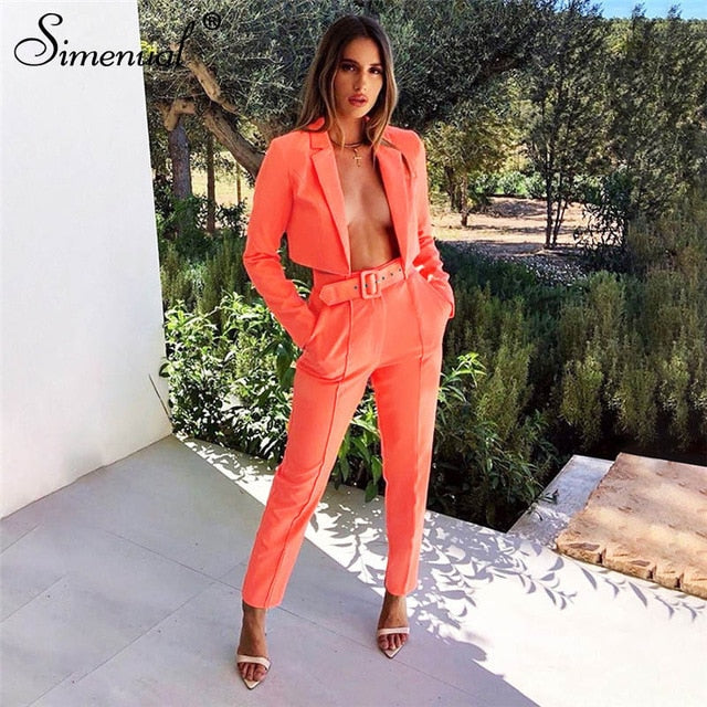 Simenual Neon Fashion Women's Suit Slim Sashes Cropped Blazer And Pants Outfits Casual Autumn 2019 Ladies Suits Set 2 Pieces New