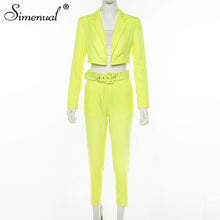 Load image into Gallery viewer, Simenual Neon Fashion Women&#39;s Suit Slim Sashes Cropped Blazer And Pants Outfits Casual Autumn 2019 Ladies Suits Set 2 Pieces New