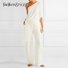 Load image into Gallery viewer, TWOTWINSTYLE Summer Solid Two Piece Set For Women Irregular Sleeve Ong Shoulder High Waist Bandages Pants Suits Female 2019 New