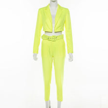 Load image into Gallery viewer, Neon Fashion Suit Autumn New Women Set Chic Streetwear with Belt Short Blazer Coat High Waist Pants Women Two Piece Outfits