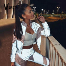Load image into Gallery viewer, Women Tracksuits 2 Piece Set Reflective Zipper Crop Top Pants Hip Hop Fashion Female Loose Shine Jacket Coat Trousers Plus Size