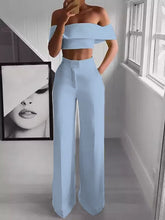 Load image into Gallery viewer, Hot Summer Woman Two-pieces Set Solid Color Ladies Fashion Suits Work Short Top + Loose Pants Sets for Woman Casual