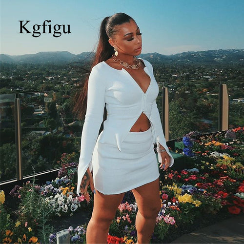 KGFIGU Kylie jenner ribbed tops and skirts sets 2019 Autumn two pieces sets sexy zipper full sleeve white matching sets outfits