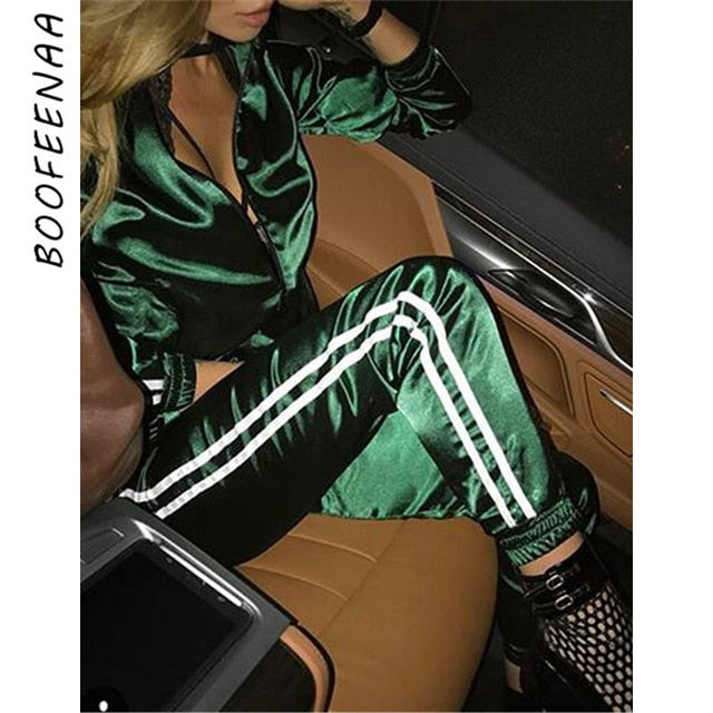 BOOFEENAA Fall 2019 Casaul Tracksuit Women 2 Piece Set Top And Pants Satin Striped Patchwork Zipper Sexy Sweatshirt Sweat Suit