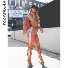 Load image into Gallery viewer, BOOFEENAA Fall 2019 Casaul Tracksuit Women 2 Piece Set Top And Pants Satin Striped Patchwork Zipper Sexy Sweatshirt Sweat Suit
