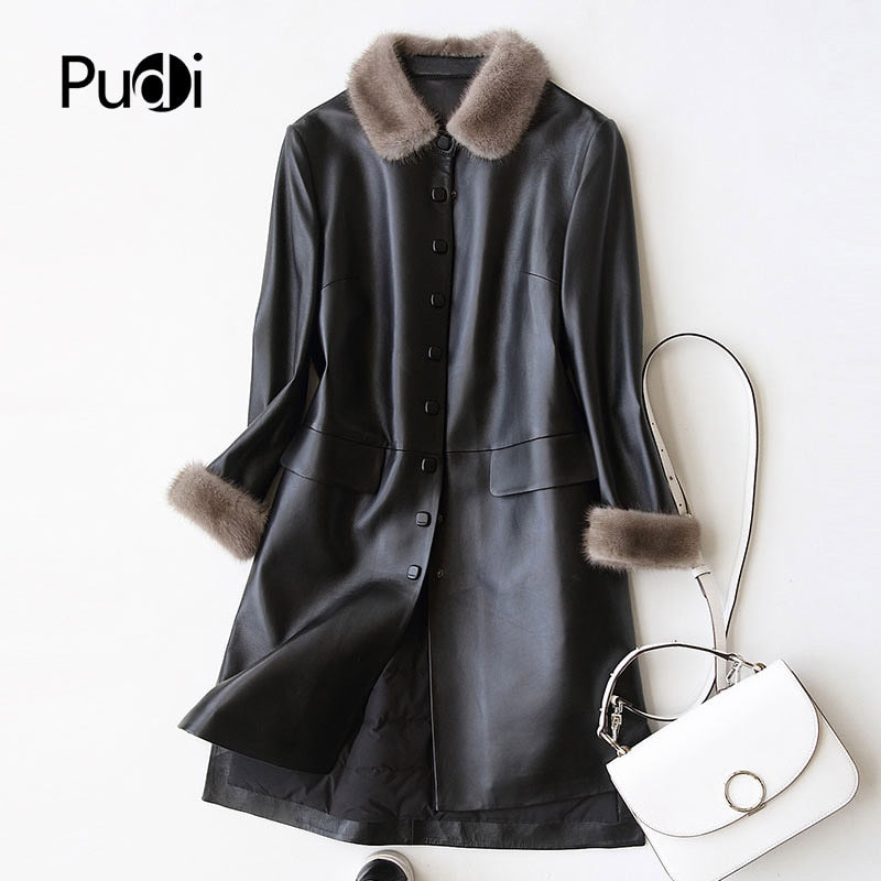 PUDI A27953 Real sheep skin coat jacket overcoat women's winter warm mink fur coat genuine leather inside winter coat