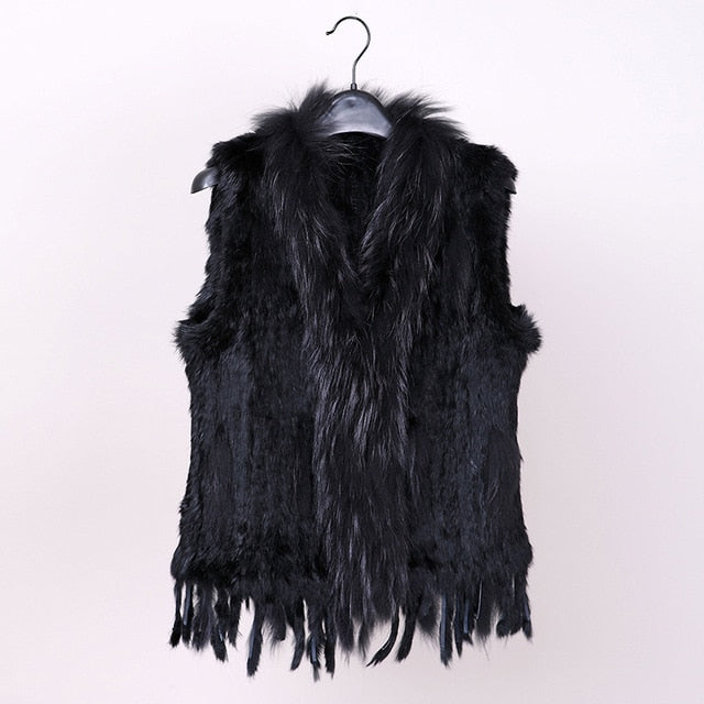 new colors Women Genuine real Rabbit Fur Vest coat tassels Raccoon Fur collar Waistcoat