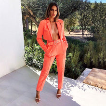Load image into Gallery viewer, Chicology crop blazer top belt high waist pant 2019 summer sexy 2 piece co ord set office women suit neon lady business clothing