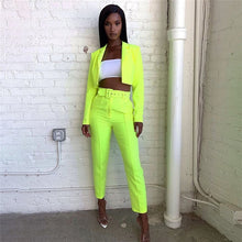 Load image into Gallery viewer, Chicology crop blazer top belt high waist pant 2019 summer sexy 2 piece co ord set office women suit neon lady business clothing