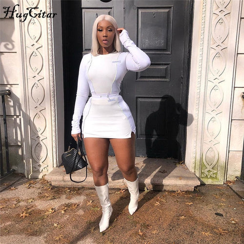 Hugcitar Embroidery letters reflective patchwork tops skirt 2 two pieces set 2019 autumn winter women streetwear tracksuit