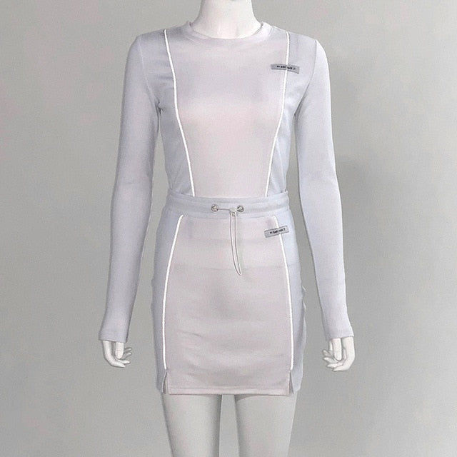 Hugcitar Embroidery letters reflective patchwork tops skirt 2 two pieces set 2019 autumn winter women streetwear tracksuit