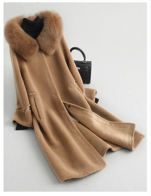 PUDI A18113 women's winter warm Wool  overcoat with real fox fur collar coat lady coat jacket overcoat