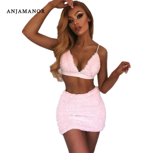 ANJAMANOR Faux Fur Pink Sexy Two Piece Set Halter Bralette Crop Top and Mini Skirt Autumn Winter Outfits Club Dress Suit D34-H94