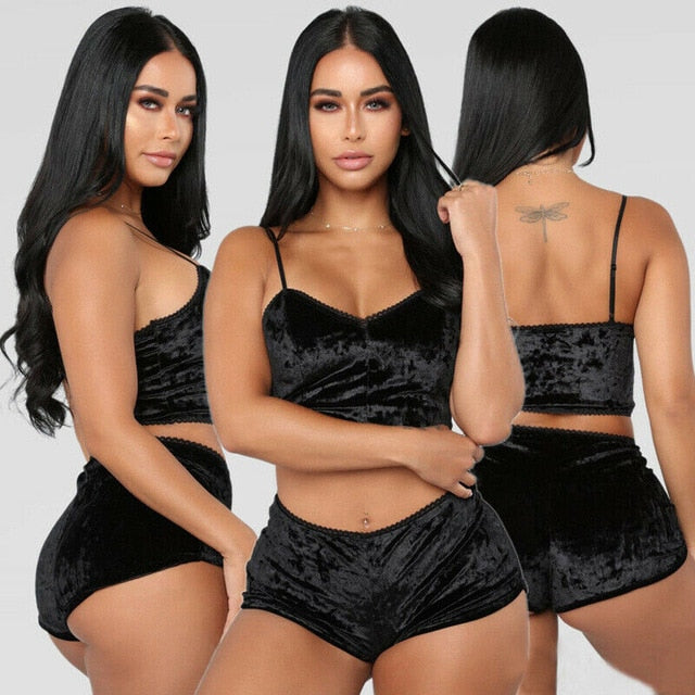 Fashion Women 2 pieces Velvet Sleepwear Sexy Spaghetti Strap Velvet Shorts Pajamas Set Ladies Sleepwear Female Pajama Party Set