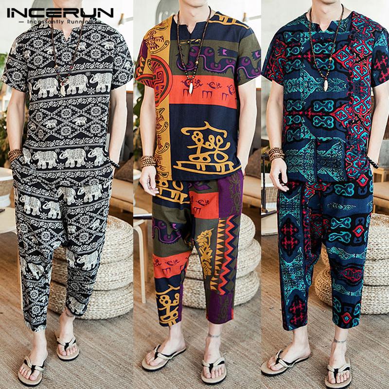 Ethnic Pants Tee Summer Men Sets Male Sets Unisex Chic Hawaiian Sets Tee Tops Pants Shirts 2019 Hombre Beach Vacation